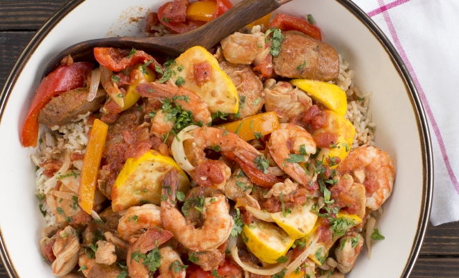 
Slow Cooker Chicken, Sausage &amp; Shrimp Jambalaya
