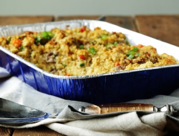 a baking tray with casserole on the table