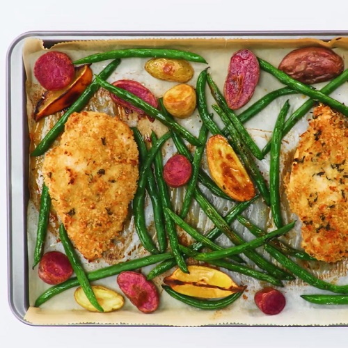 Sheet Pan Dijon Crusted Chicken Breasts with Baby Potatoes & Green Beans | Reynolds Brands