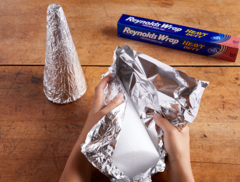 Styrofoam cone wrapped with Reynolds Wrap