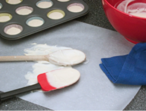  Two spoons covered with batter resting on wax 