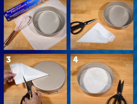Step by step directions on how to make a round cake pan liner with parchment paper