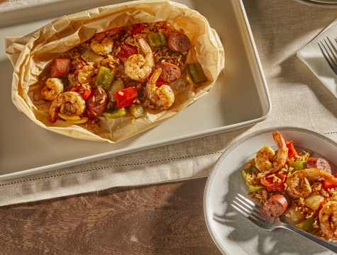 shrimp jambalaya in a parchment cooking bag