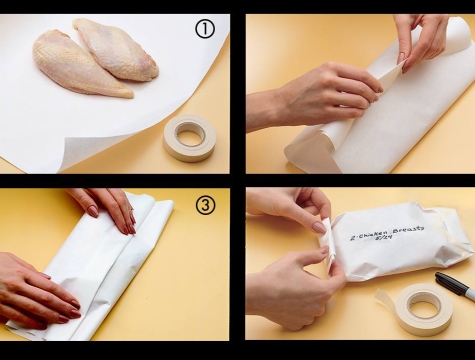 Step by step directions on how to wrap food with freezer paper