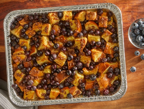 blueberry french toast casserole in a disposable pan