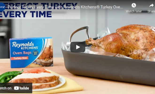 Thumbnail preview image of video displaying a cooked turkey in roasting pan next to package of Reynold's oven bags.