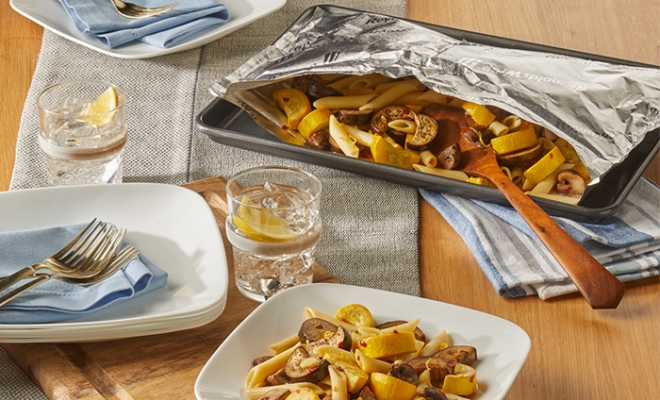 
Lemony Pasta with Eggplant, Mushroom &amp; Squash
