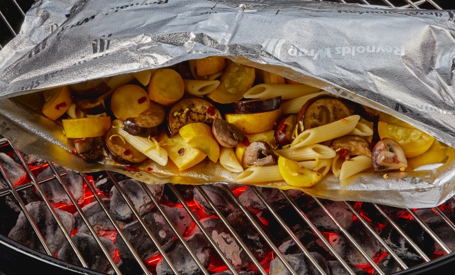 
Lemony Pasta with Eggplant, Mushroom &amp; Squash
