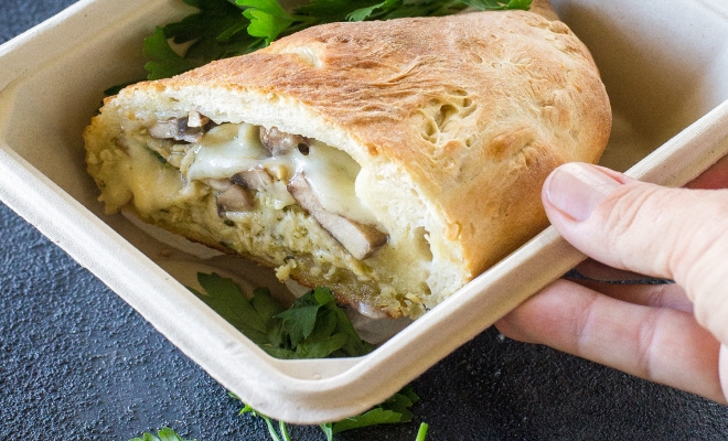 
Pesto Chicken, Mushroom, and Swiss Calzone
