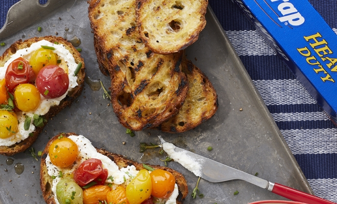 
Roasted Cherry Tomatoes &amp; Home-Smoked Ricotta on Grilled Toast
