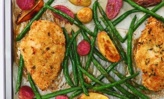 
Sheet Pan Dijon Crusted Chicken Breasts with Baby Potatoes &amp; Green Beans
