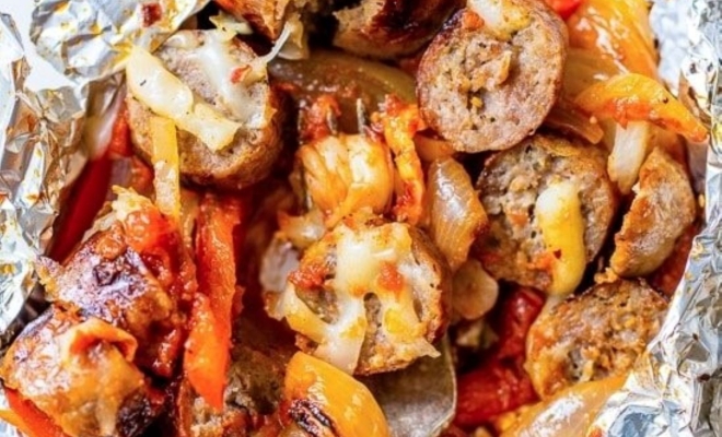 
Foil Packet Cheesy Sausage and Peppers
