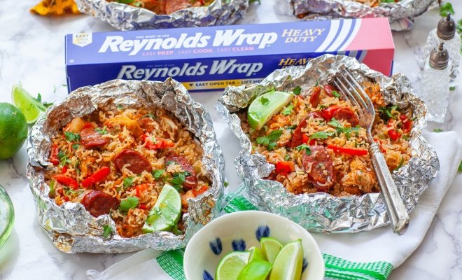 
Grilled Sausage and Chicken Jambalaya Foil Packets
