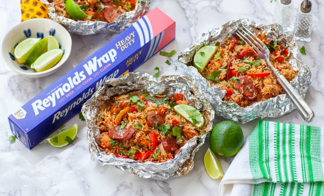 
Grilled Sausage and Chicken Jambalaya Foil Packets
