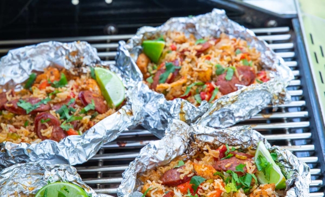 
Grilled Sausage and Chicken Jambalaya Foil Packets

