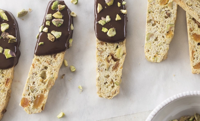 
Chocolate-Dipped Pistachio Biscotti
