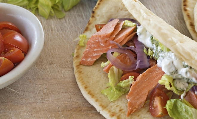 
Grilled Salmon Greek Pitas
