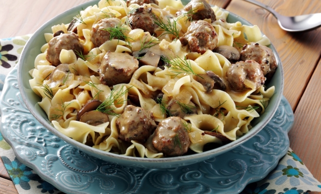 
Meatball and Mushroom Stroganoff with Dill Sauce
