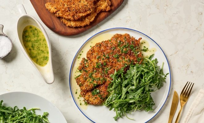 
Parmesan Crusted Chicken Cutlets with White Wine Pan Sauce
