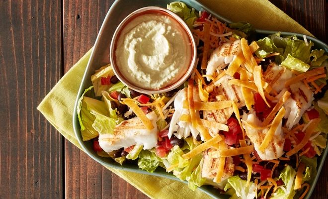 
Grilled Fish Taco Salad with Avocado Dressing
