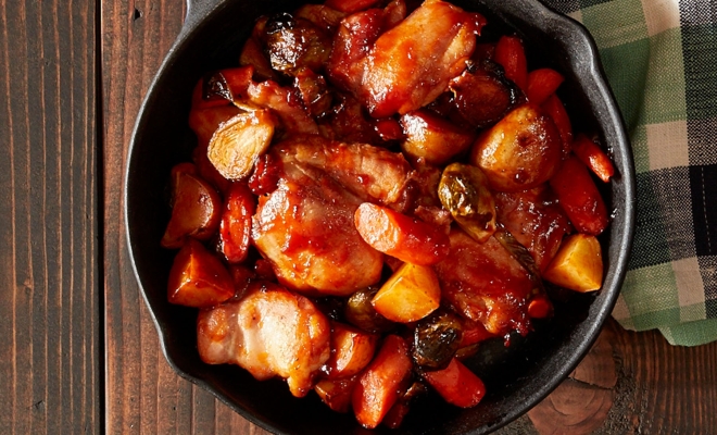 
One-Skillet Roasted BBQ Chicken and Vegetables
