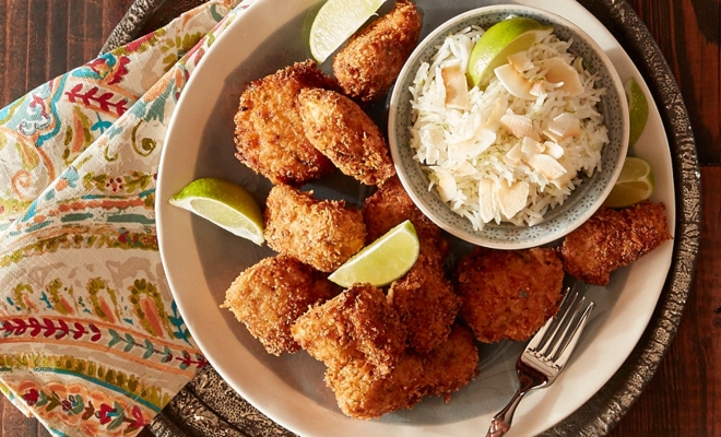 
Jerk Chicken Nuggets with Lime Coconut Rice
