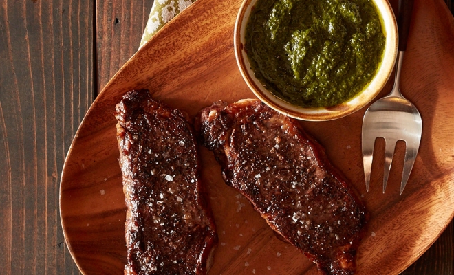 
Roasted New York Strip Steak with Chimichurri Sauce
