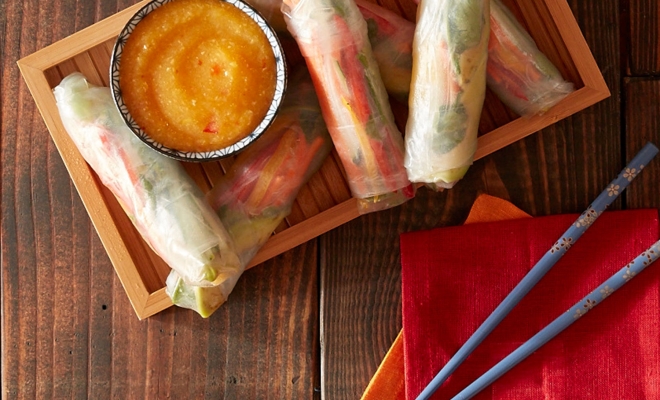 
Veggie Spring Rolls with Thai Mango Dipping Sauce
