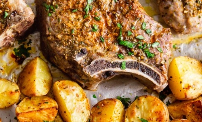 
Sheet Pan Ranch Pork Chops With Potatoes and Brussels Sprouts
